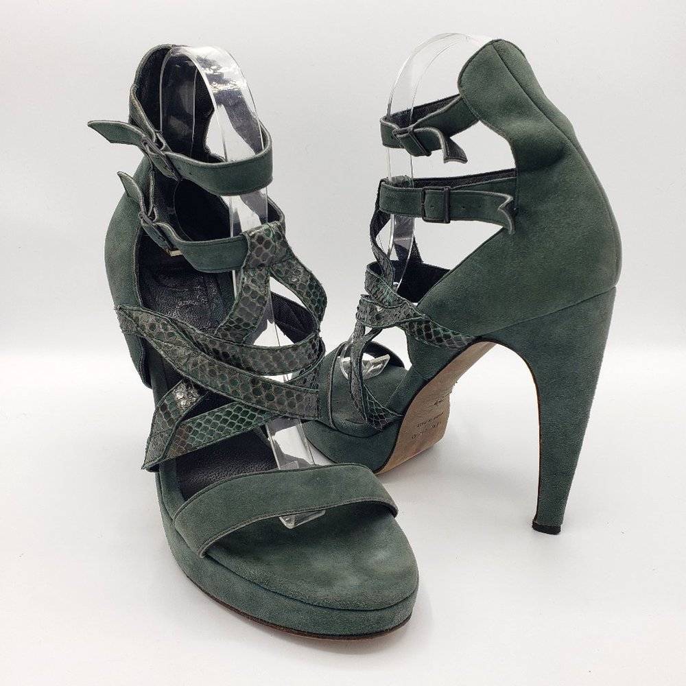 LD Tuttle Sandal Stilettos 8.5 Green Suede Strappy Double Buckle Ankle Shoes